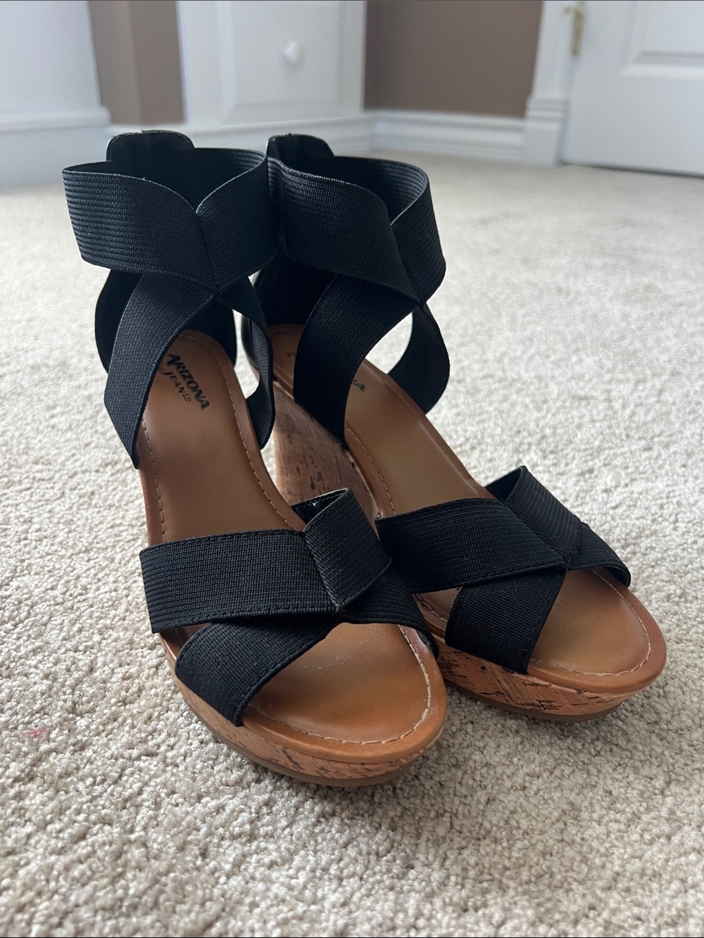 Women’s Black and Tan Strappy Wedge Sandals